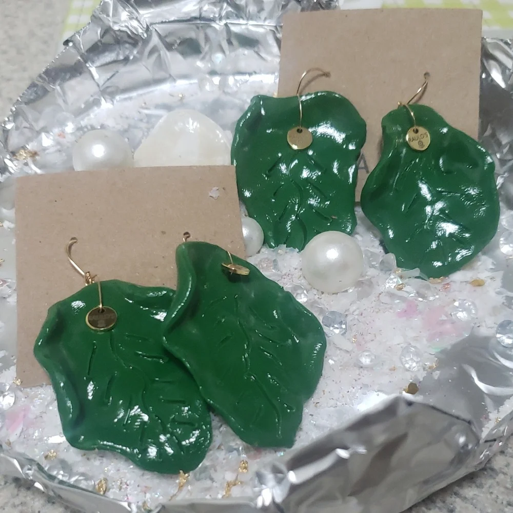 Green Leaf Clay Earrings